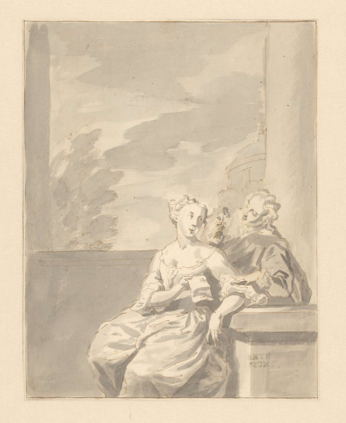 Woman with paper and man with flower, anonymous, 1732