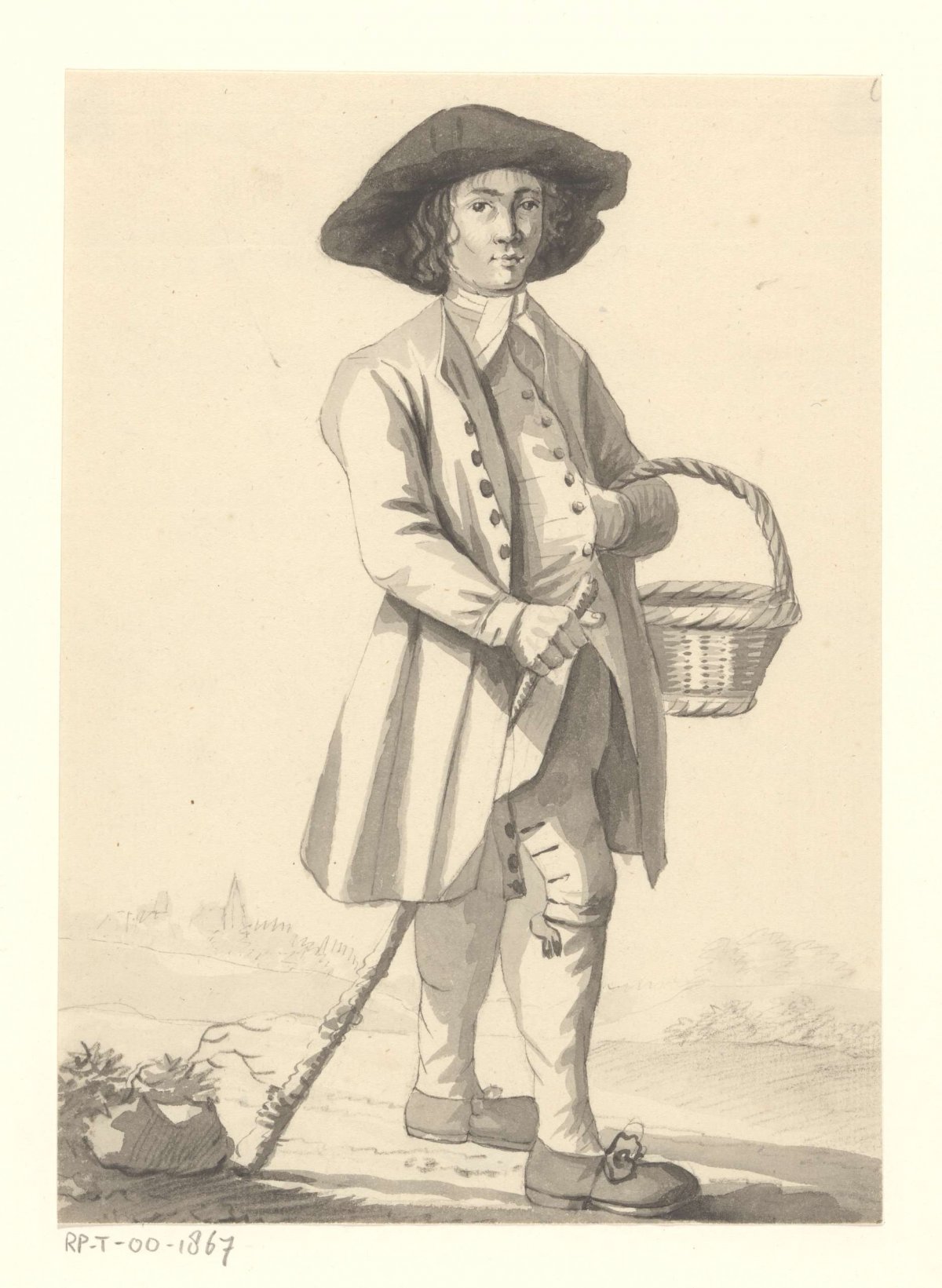 Standing man with stick and basket, anonymous, 1700 - 1800