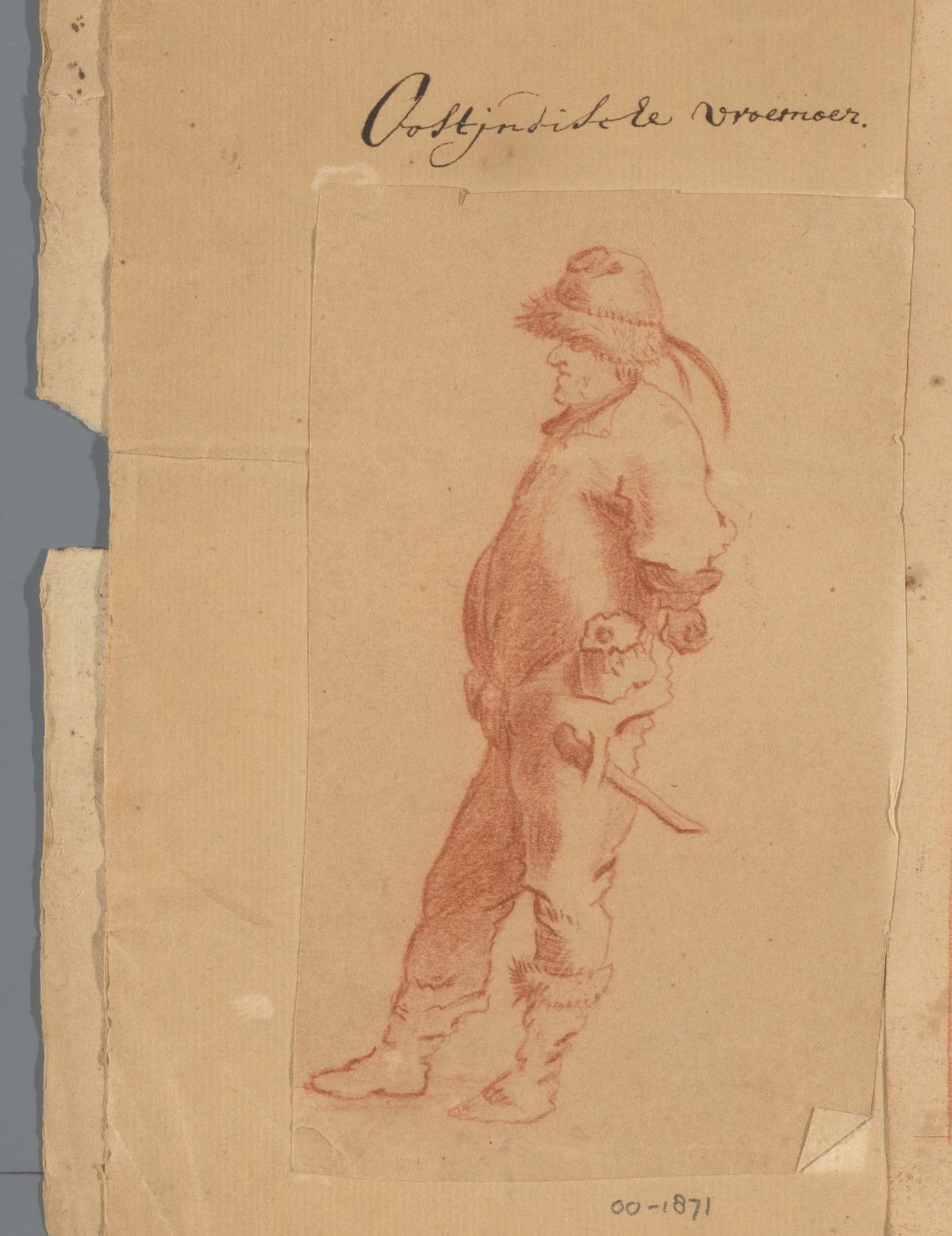 Standing peasant with fur hat, facing left, anonymous, 1700 - 1800