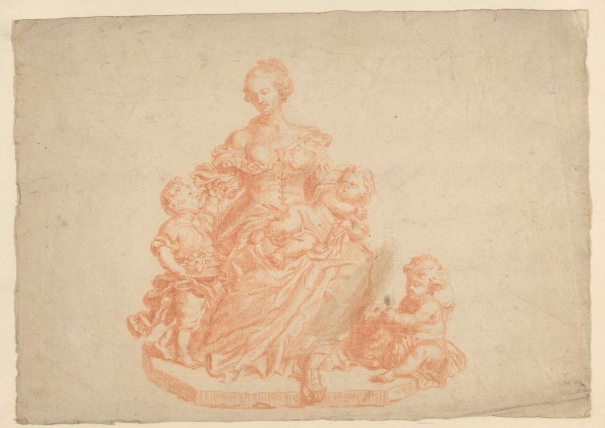 Seated woman with three children, anonymous, 1700 - 1800