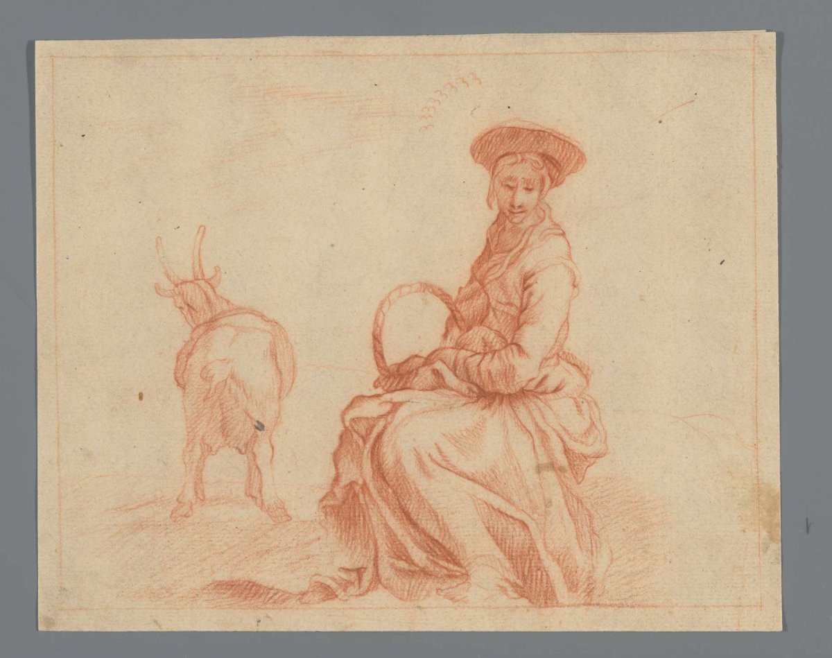 Seated shepherdess with goat, anonymous, 1700 - 1800