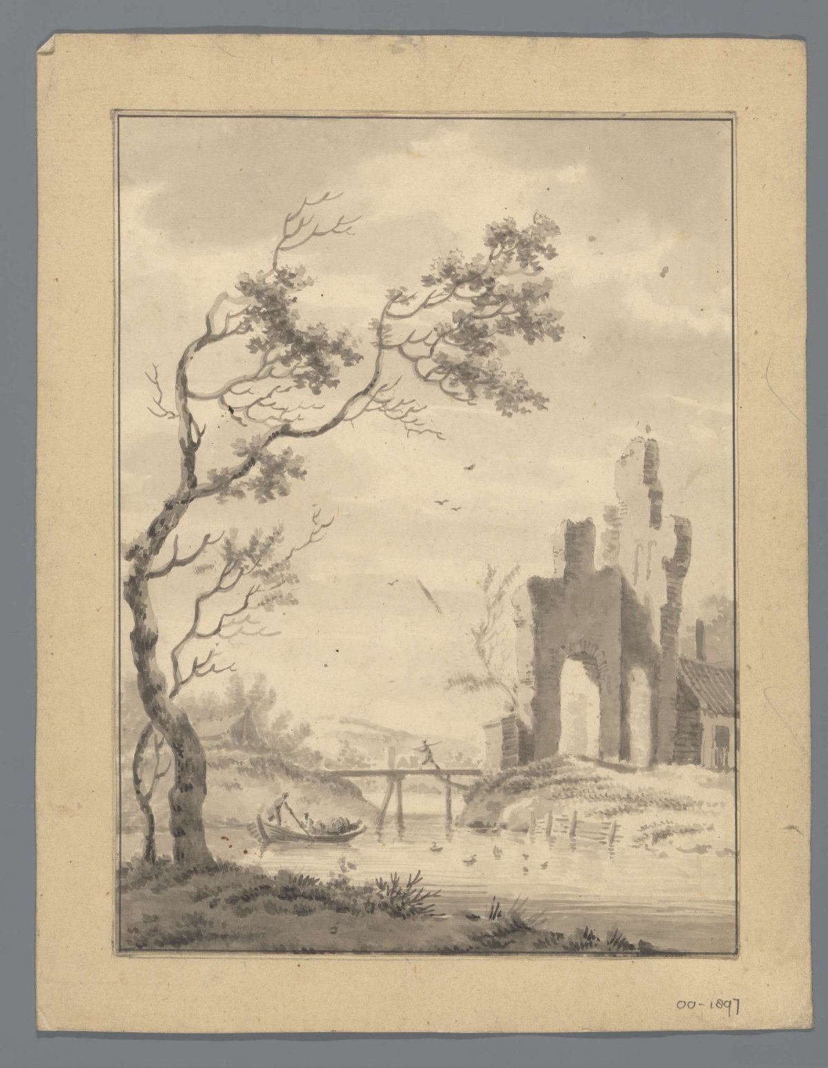 Landscape with ruin and boat, anonymous, 1700 - 1800