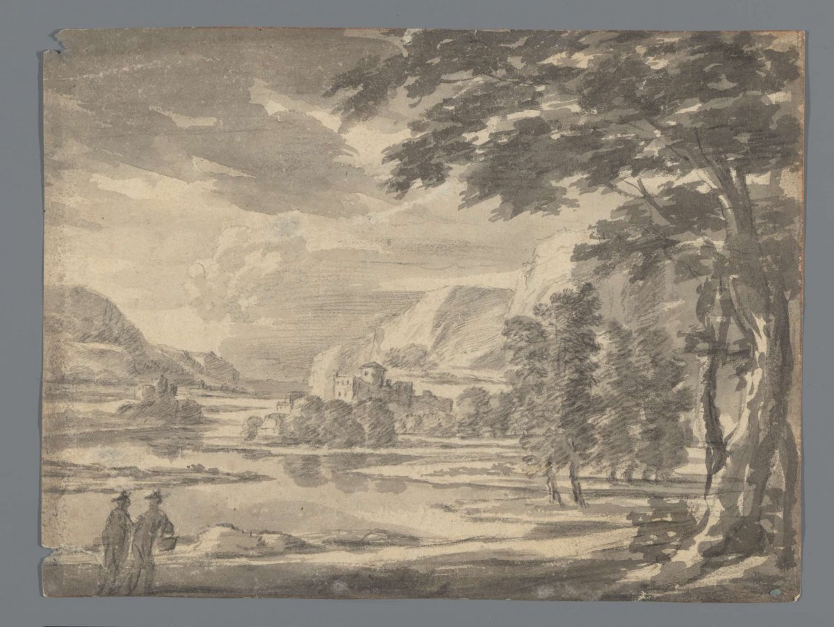 Italian landscape with two figures in the left foreground, anonymous, 1700 - 1800