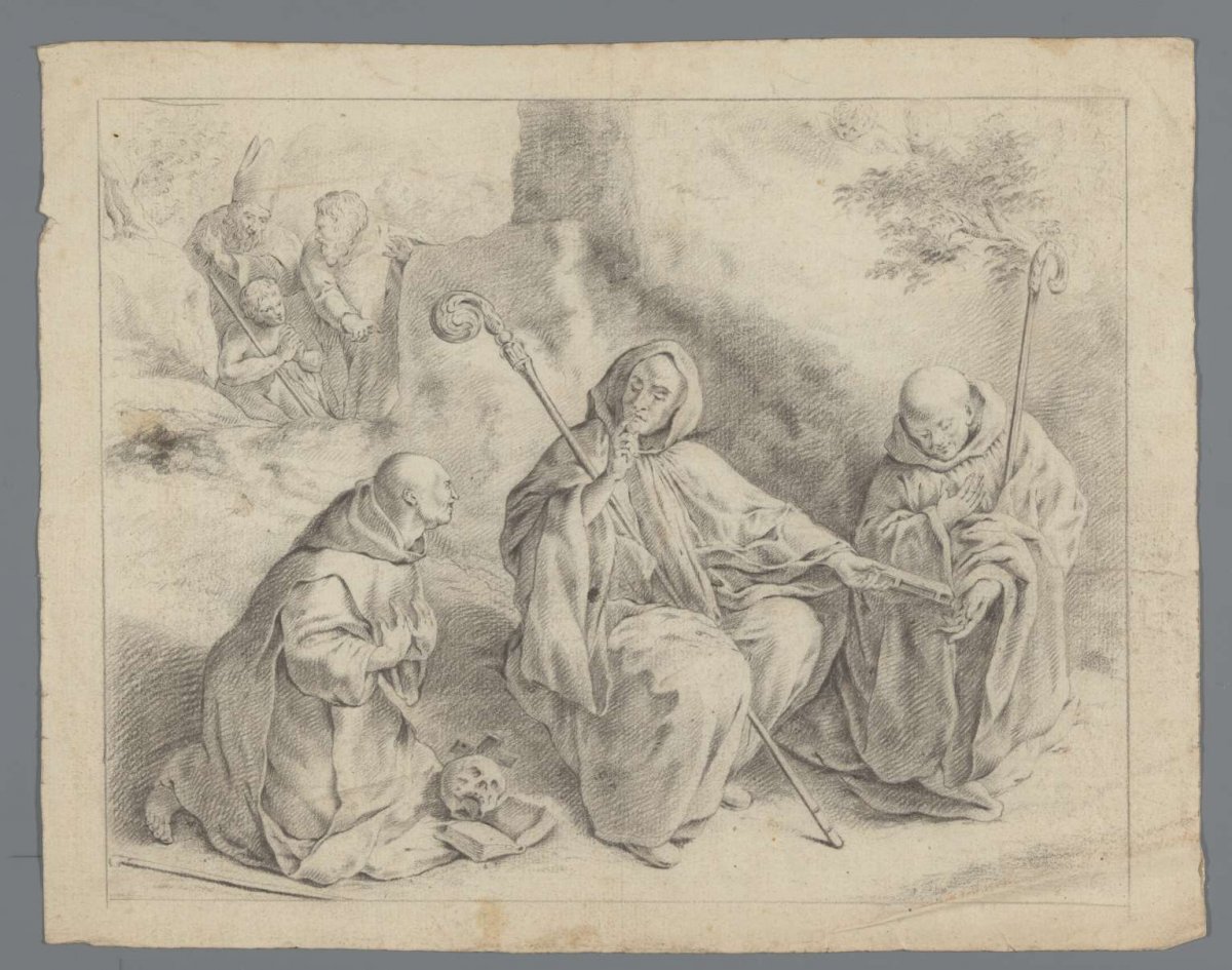 Scene from the life of a saint with three monks, a bishop and two men, anonymous, 1700 - 1800