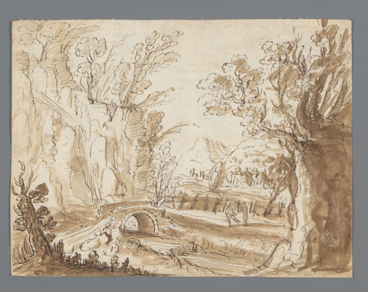 Landscape with two figures on a road in front of a stone bridge, anonymous, 1700 - 1800