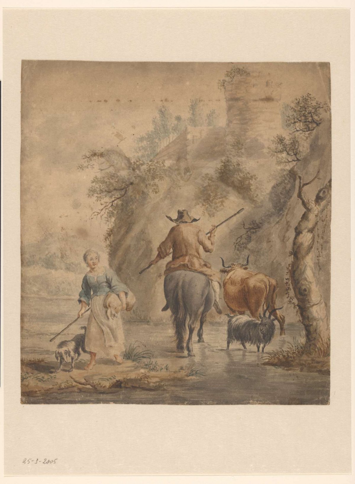 River landscape with a horseman, woman and cattle, anonymous, 1631 - 1733