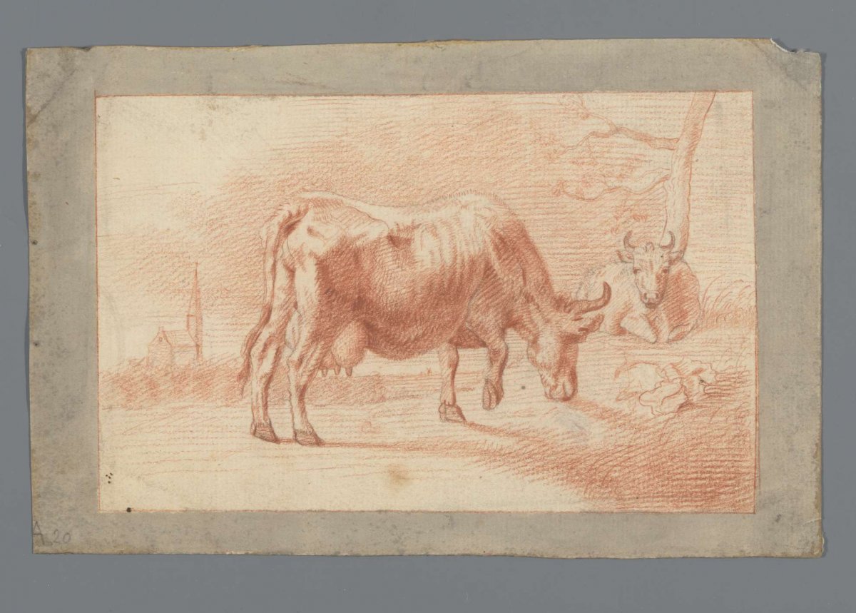 Grazing and reclining cow, anonymous, 1700 - 1800