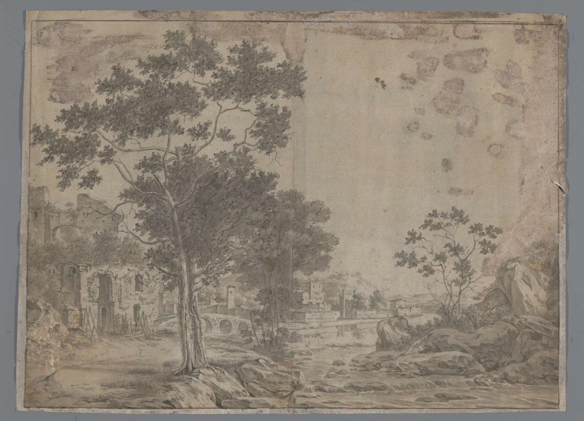 Italian landscape with stone bridge, town and ruin, anonymous, 1700 - 1800
