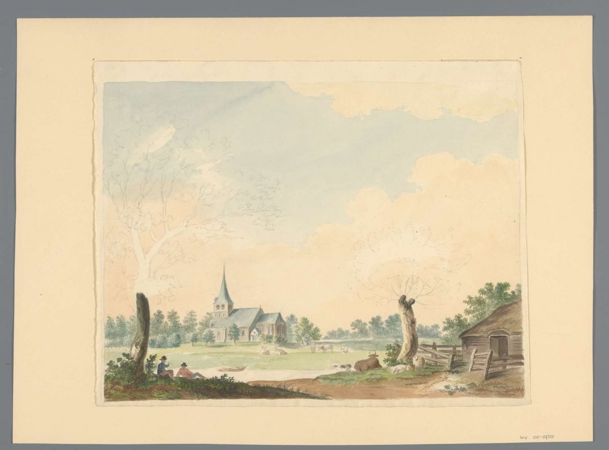 Landscape with view across pasture to a church, anonymous, 1700 - 1800