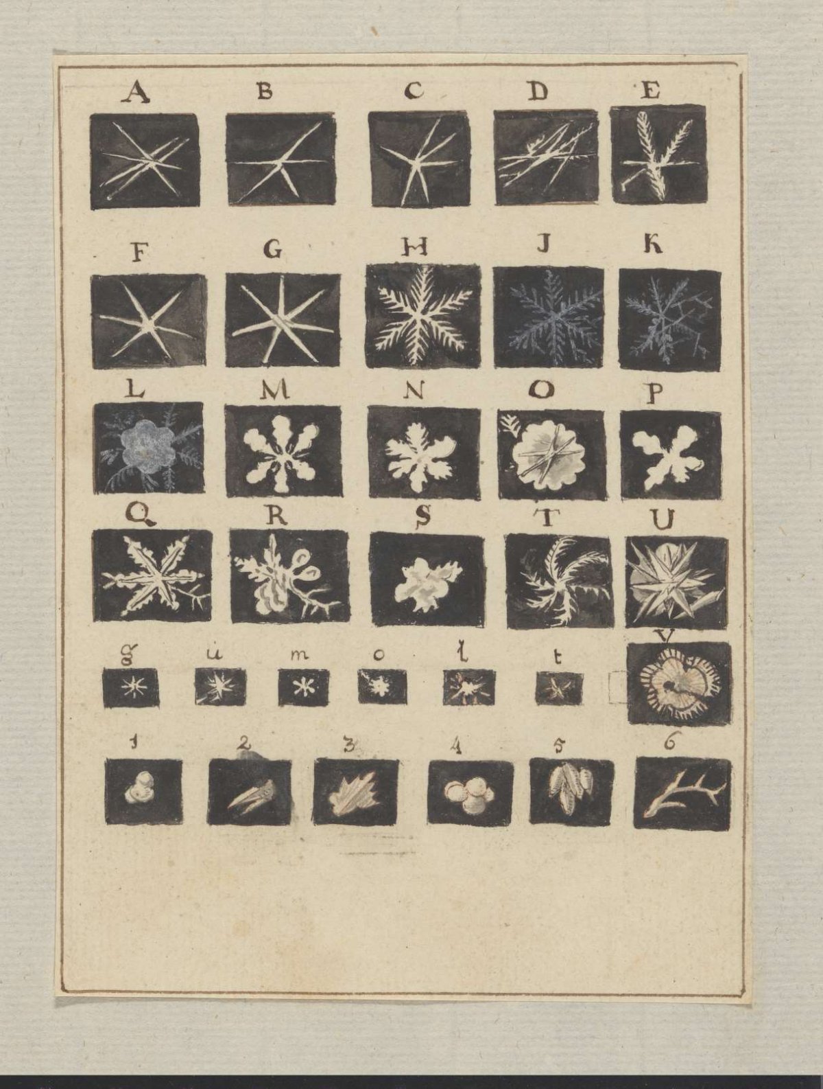 Small sketches of snowflakes, anonymous, 1700 - 1800