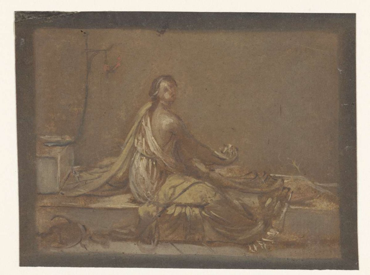 Woman sitting on her bed in a cell, anonymous, 1700 - 1800