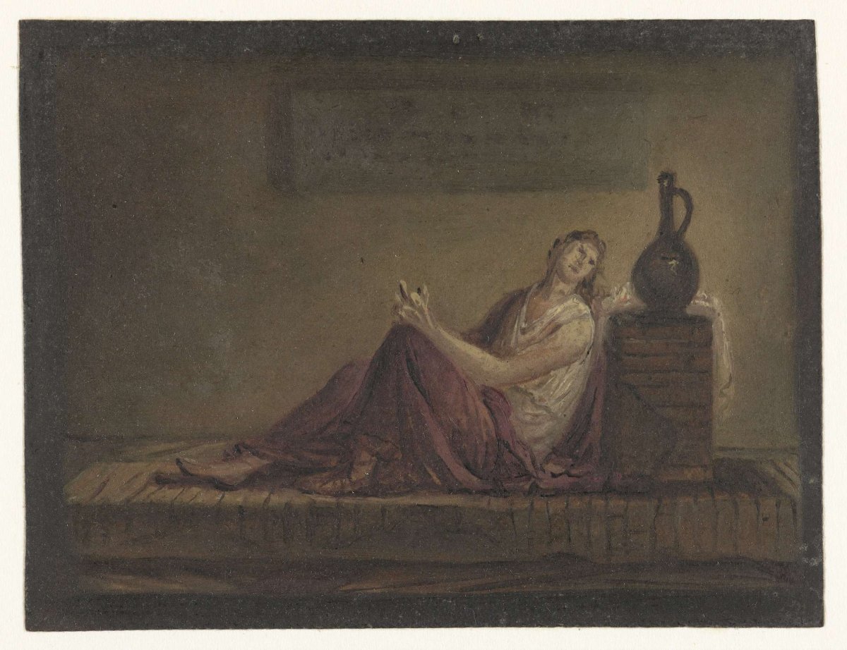 Woman sitting on her bed in a cell, anonymous, 1700 - 1800