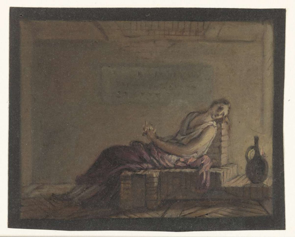 Woman sitting on her bed in a cell, anonymous, 1700 - 1800