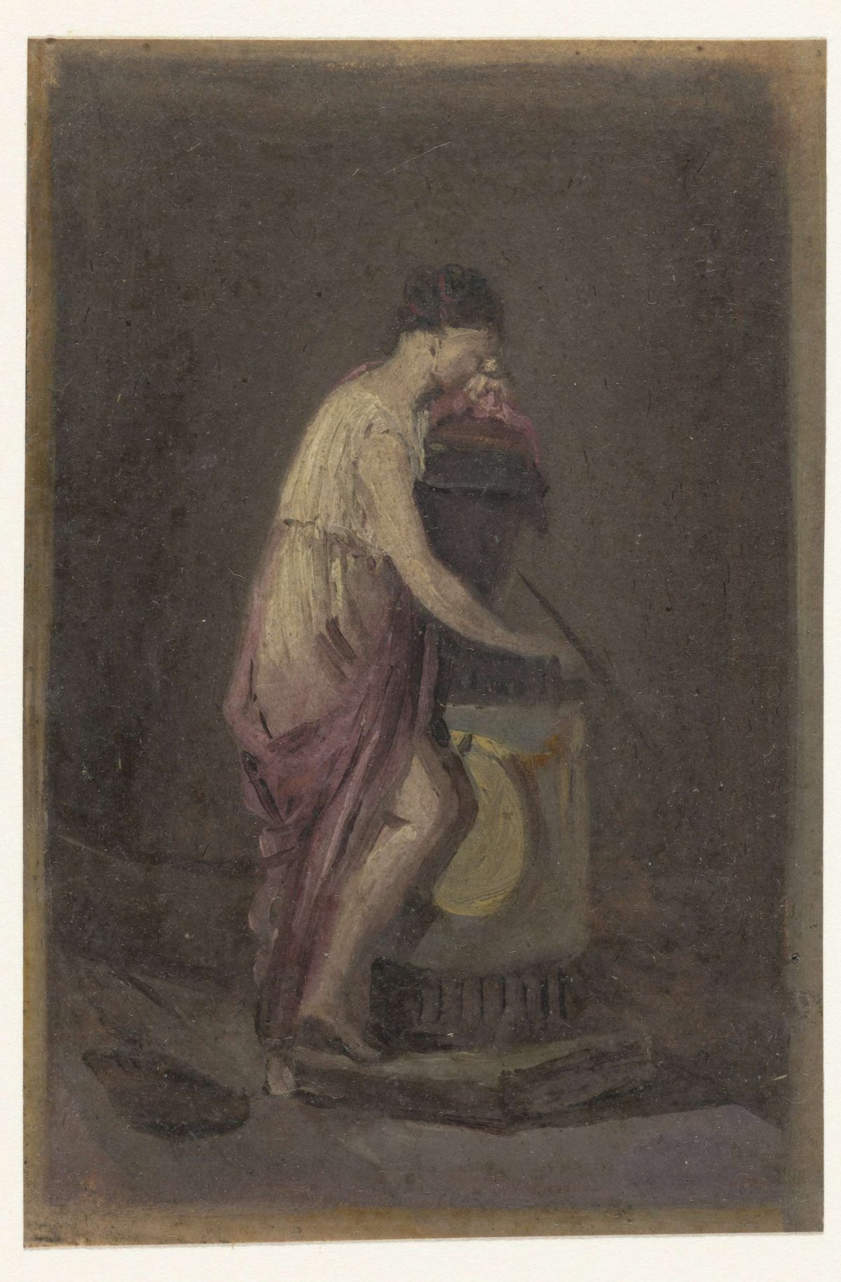 Standing grieving woman at a grave monument, anonymous, 1700 - 1800