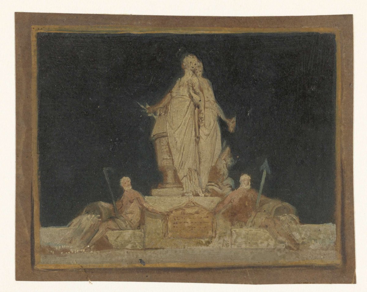 Monument with two standing figures and two stream gods, anonymous, 1700 - 1800