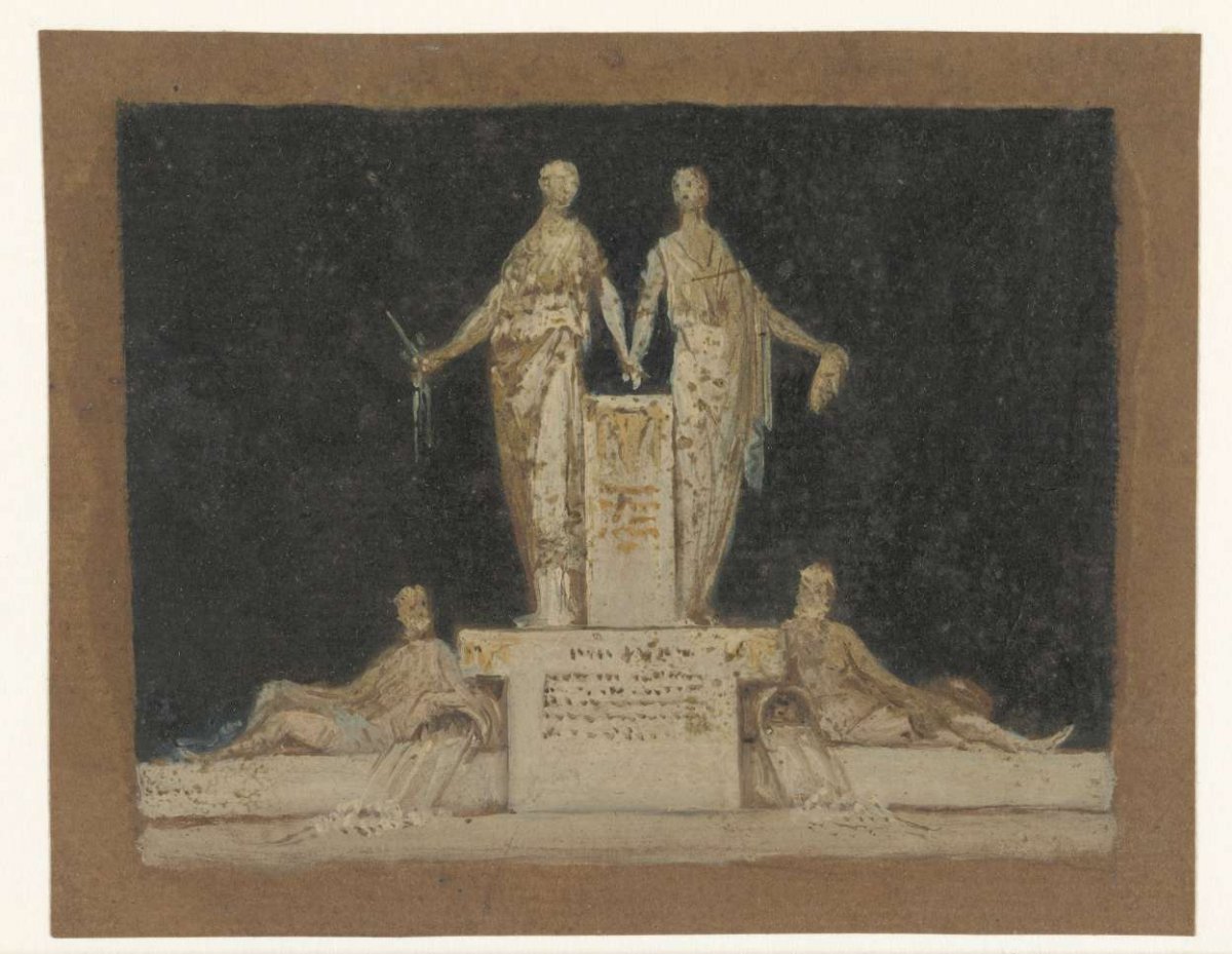 Monument with two standing figures and two stream gods, anonymous, 1700 - 1800