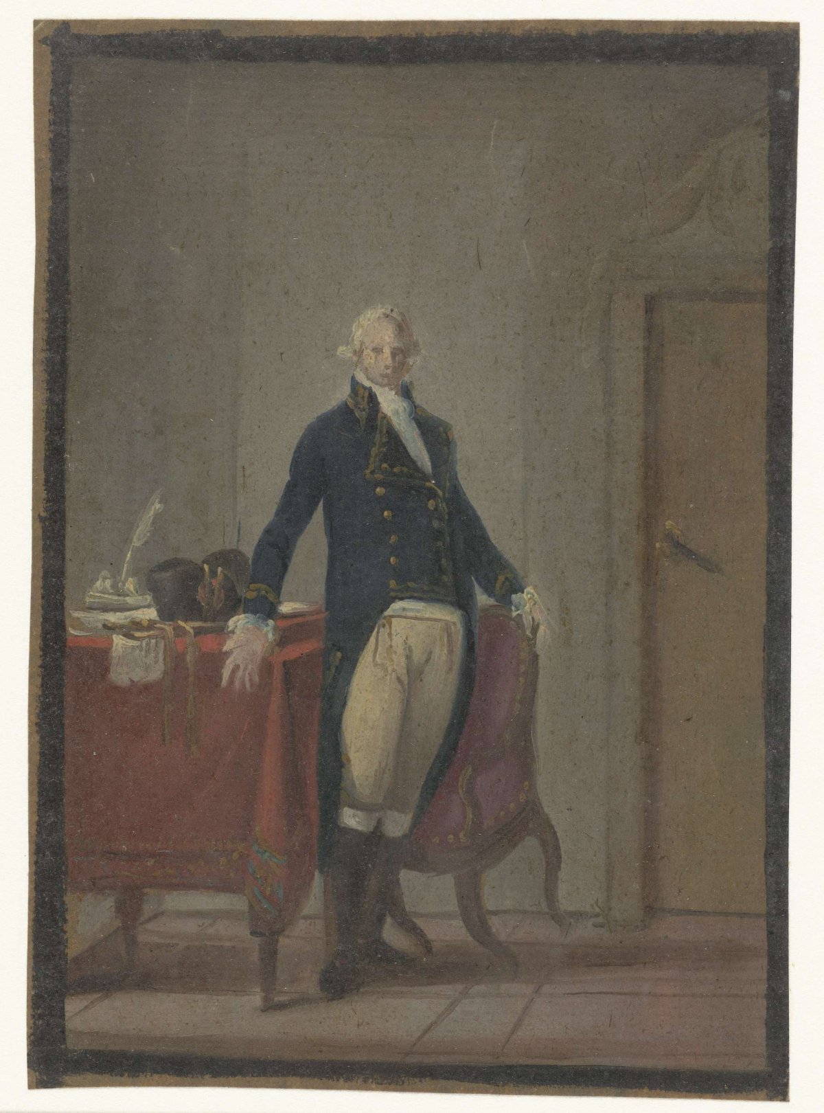 Standing man in front of his writing desk, anonymous, 1700 - 1800