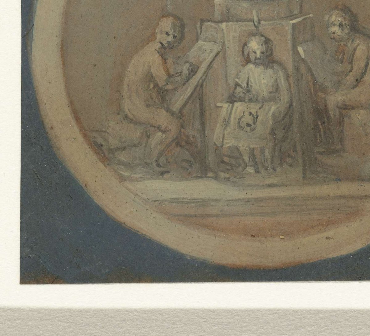 Vignette showing drawing students, below a bust of Minerva, anonymous, 1700 - 1800