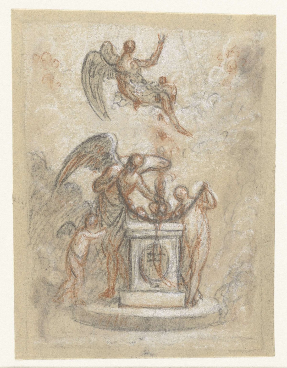 Allegorical representation with Time and other figures around monument or altar, anonymous, 1700 - 1800