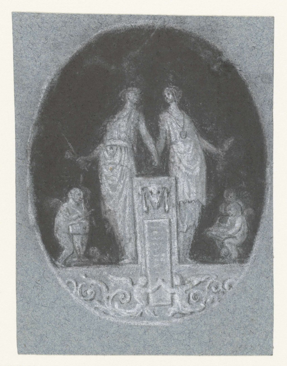 Ornament with two standing female figures, anonymous, 1700 - 1800