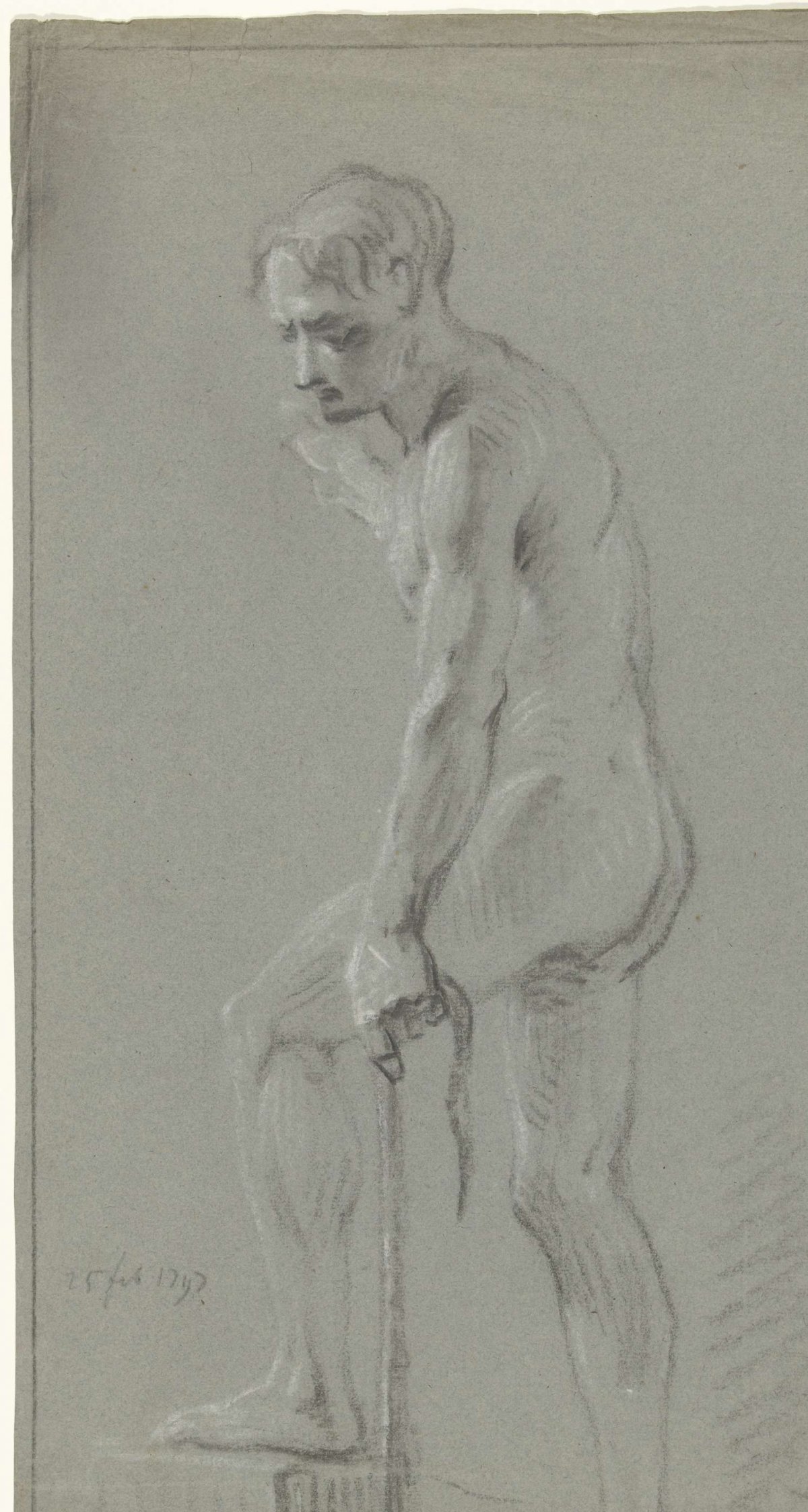 Standing male nude, left foot on a block, pulling with left arm, anonymous, 1747