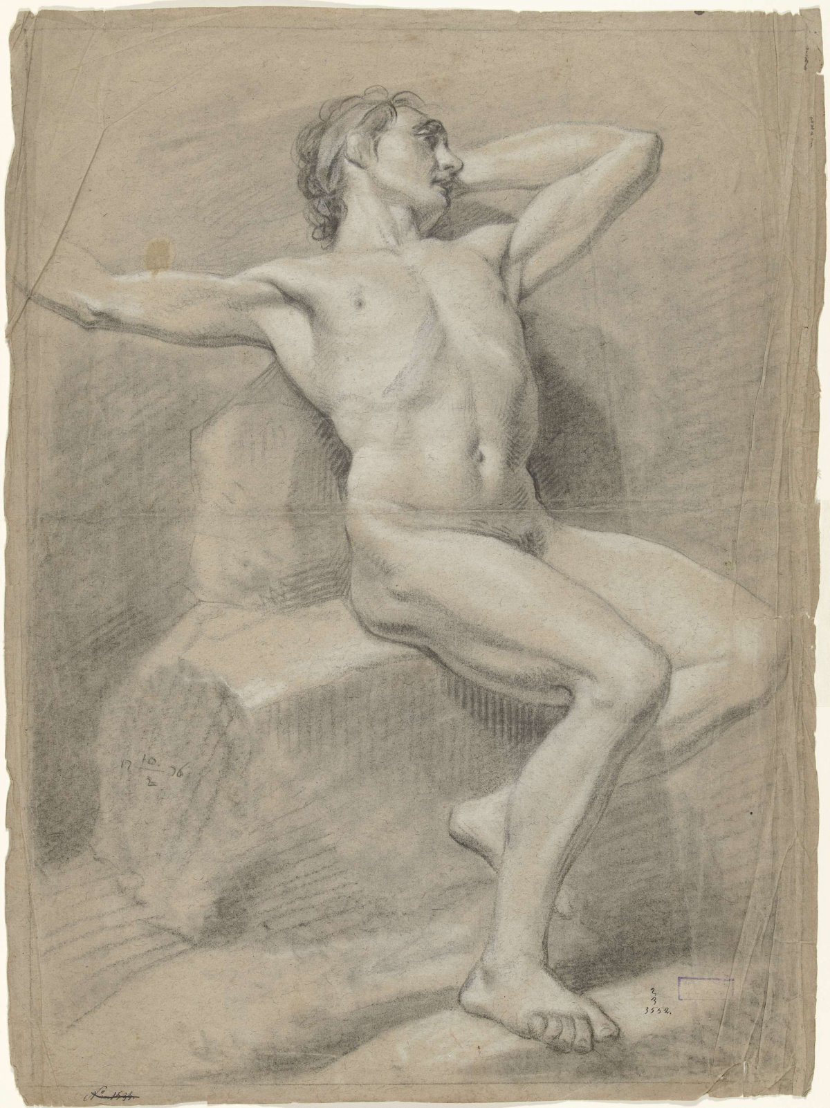 Seated male nude, arms backwards, anonymous, 1776