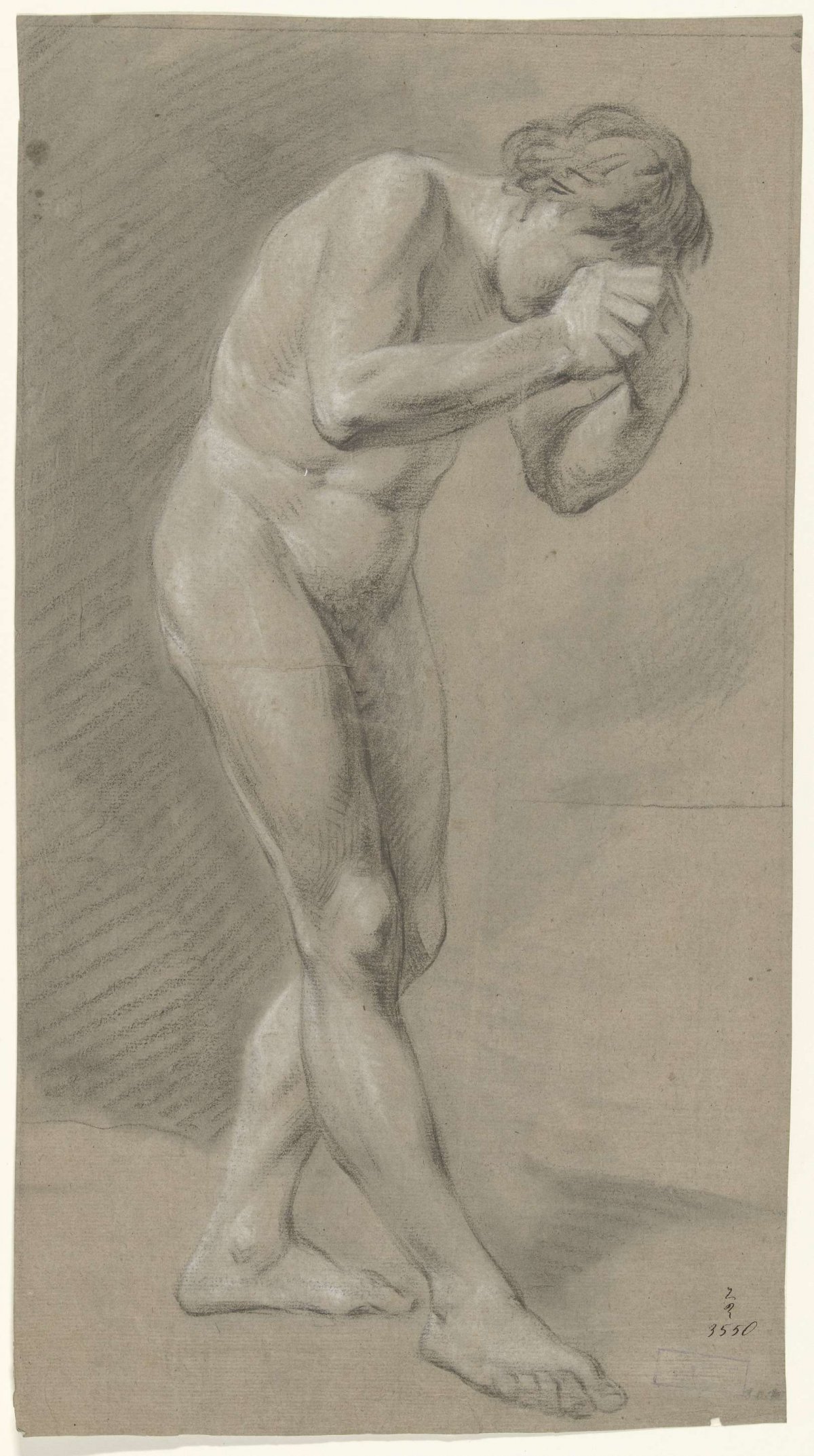 Standing male nude, leaning forward to the right, anonymous, 1770