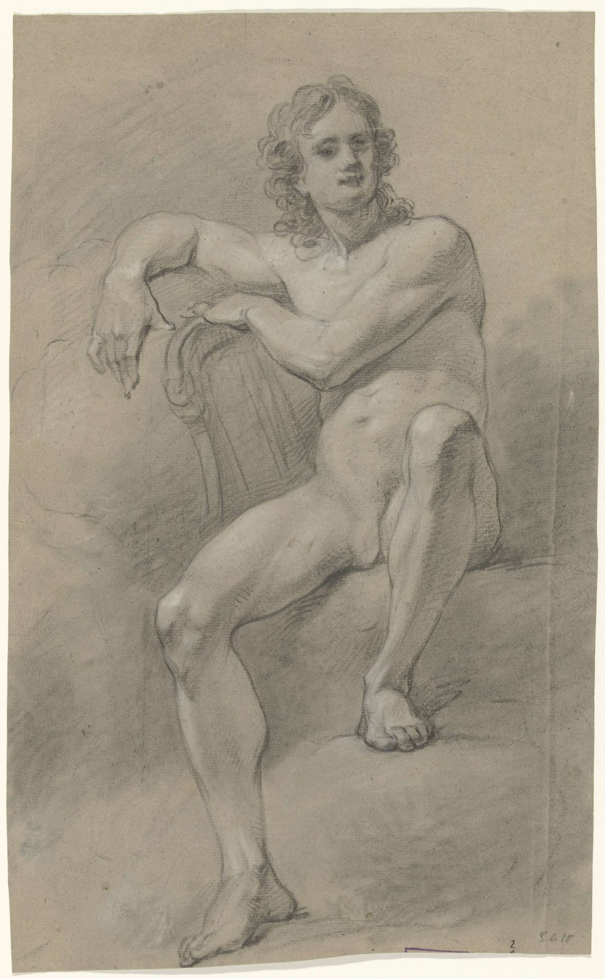 Seated male nude, with harp, anonymous, 1700 - 1800