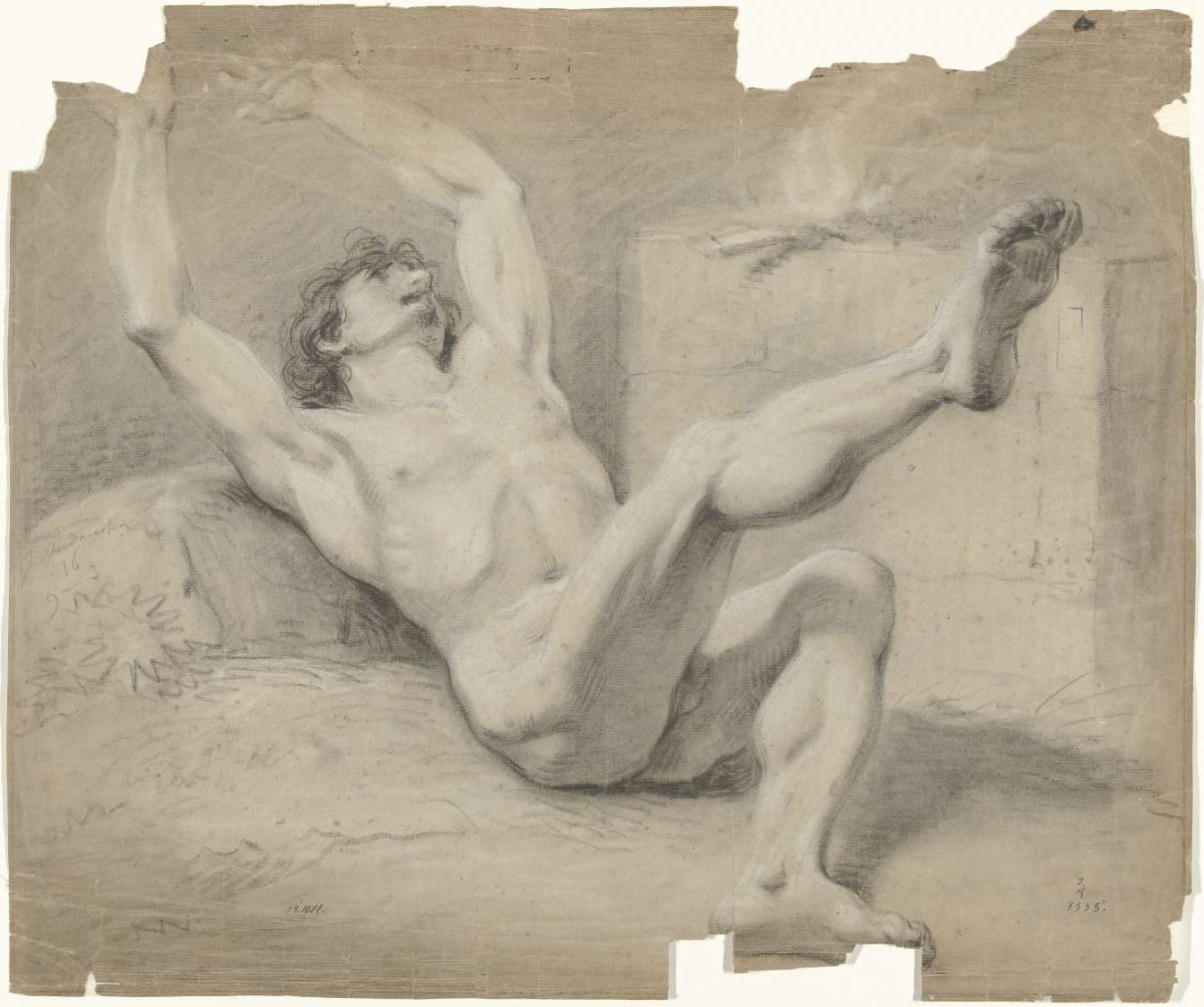 Reclining male nude, arms back and right leg raised, Jurriaan Andriessen, 1793