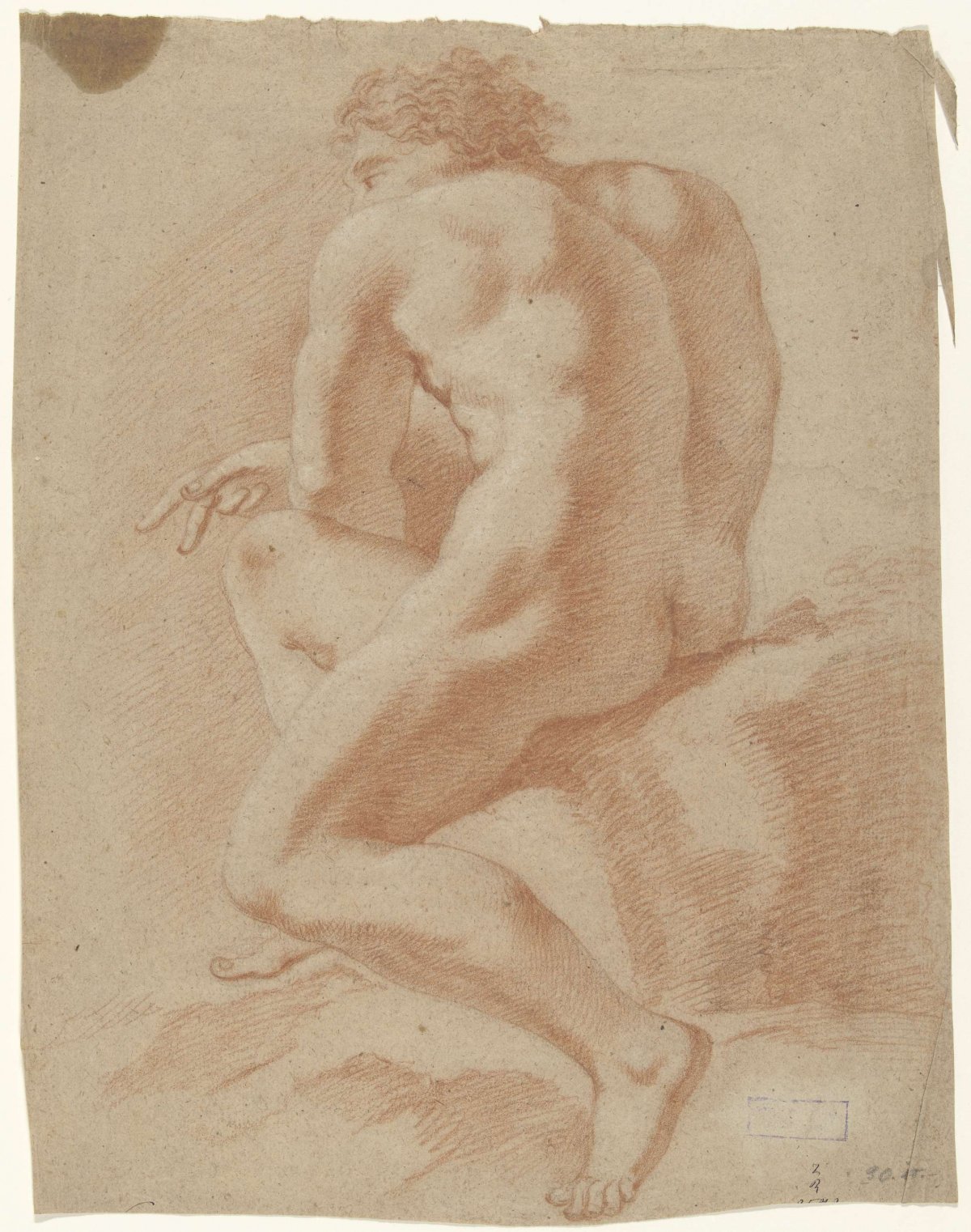 Seated male nude, supine, facing left, anonymous, 1700 - 1800