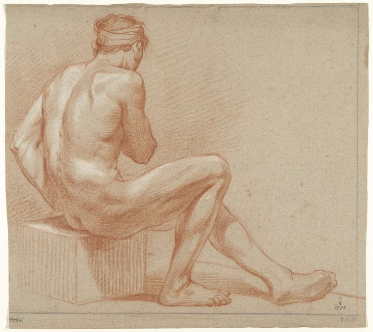 Male nude, sitting on a block, to the right, anonymous, 1700 - 1800