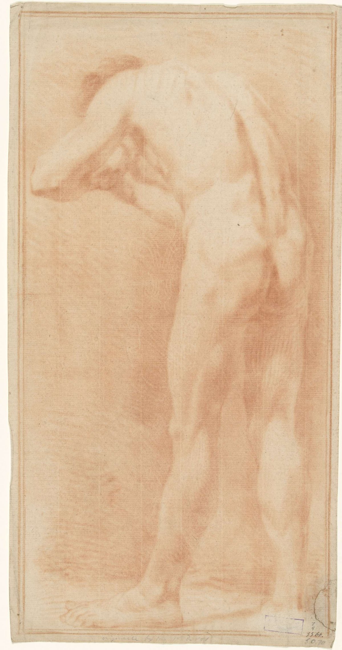 Standing male nude, supine, hunched over, turned slightly to the left, anonymous, 1700 - 1800