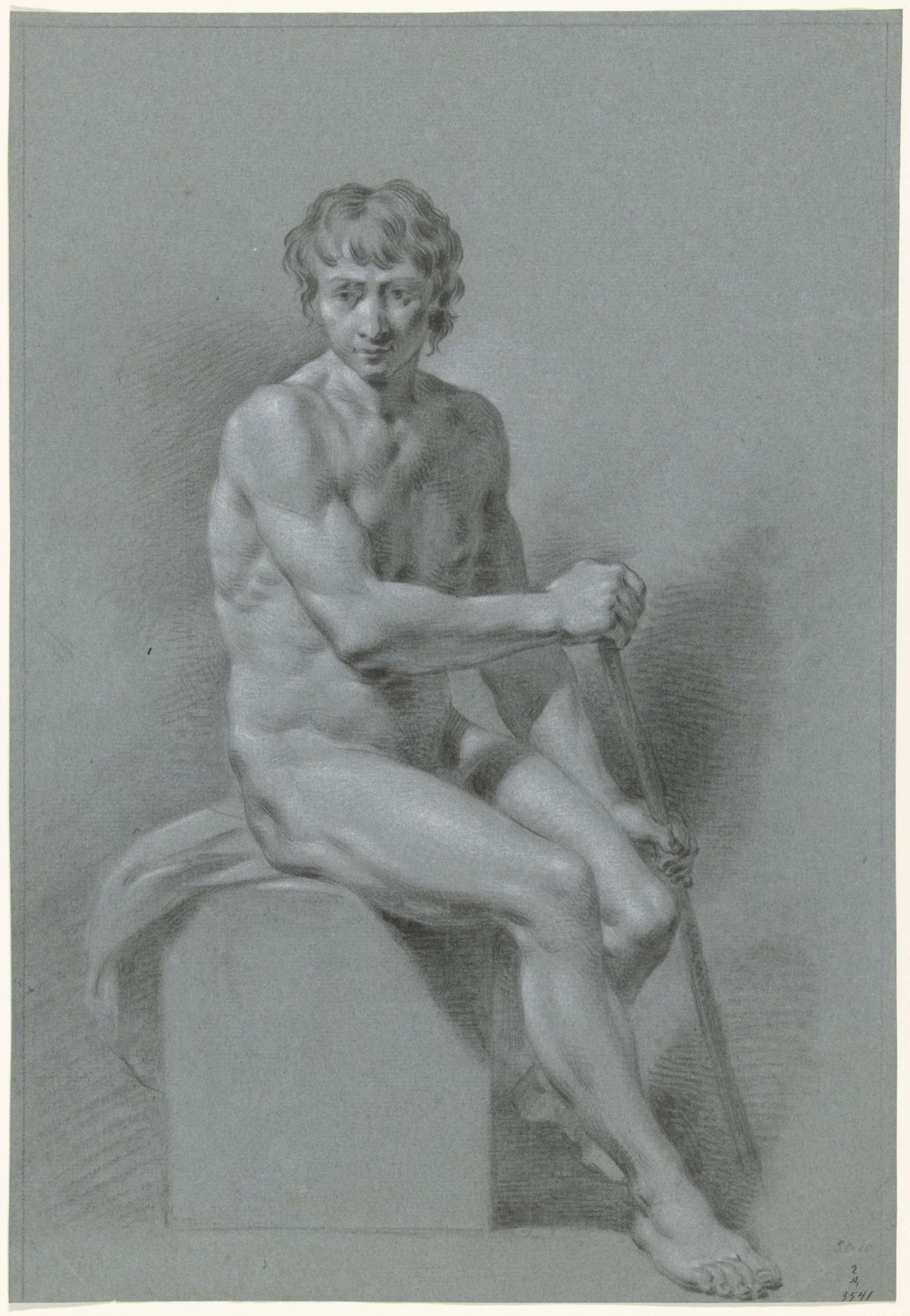 Male nude sitting on a block, a cane in both hands (rowing?), anonymous, 1700 - 1800