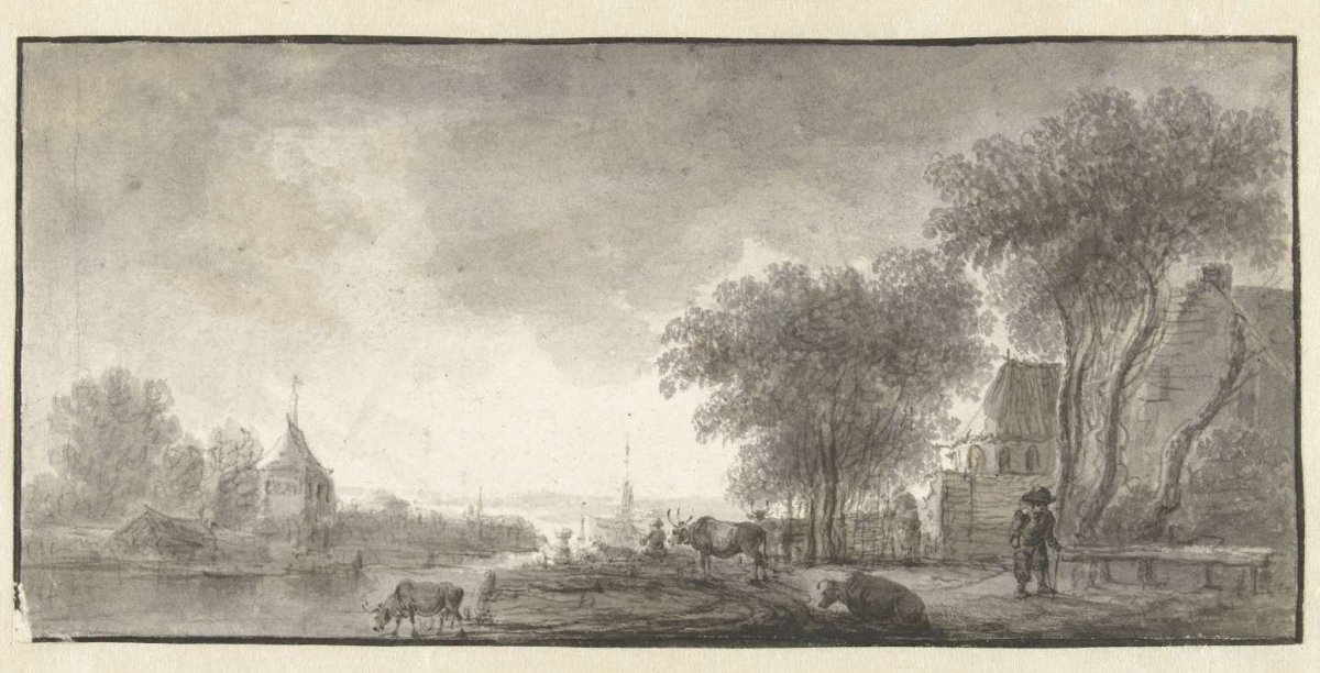 River landscape with cattle and some houses, anonymous, 1600 - 1699