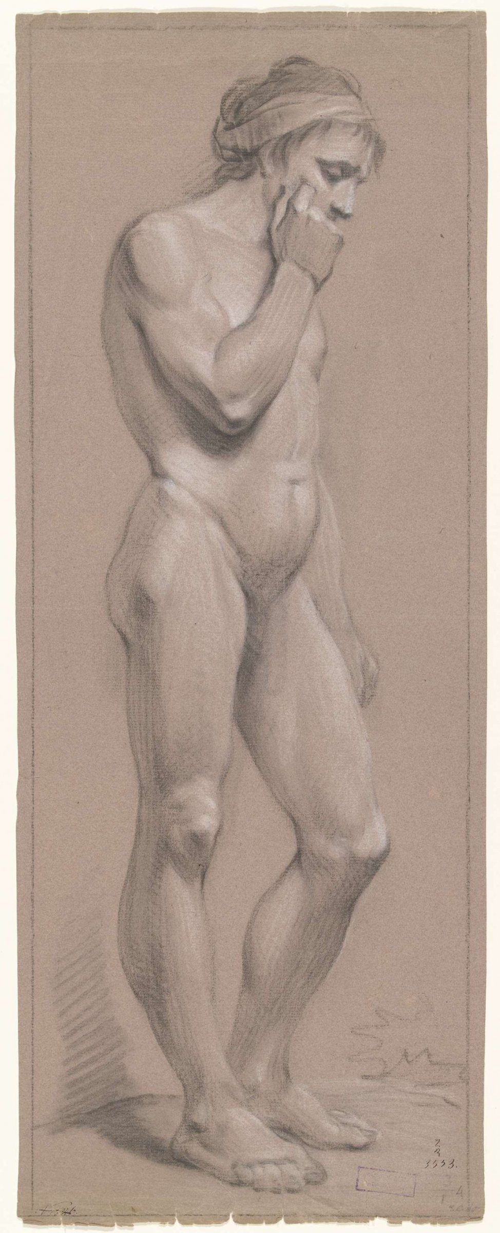 Standing male nude, facing right, right hand against face, anonymous, 1700 - 1800