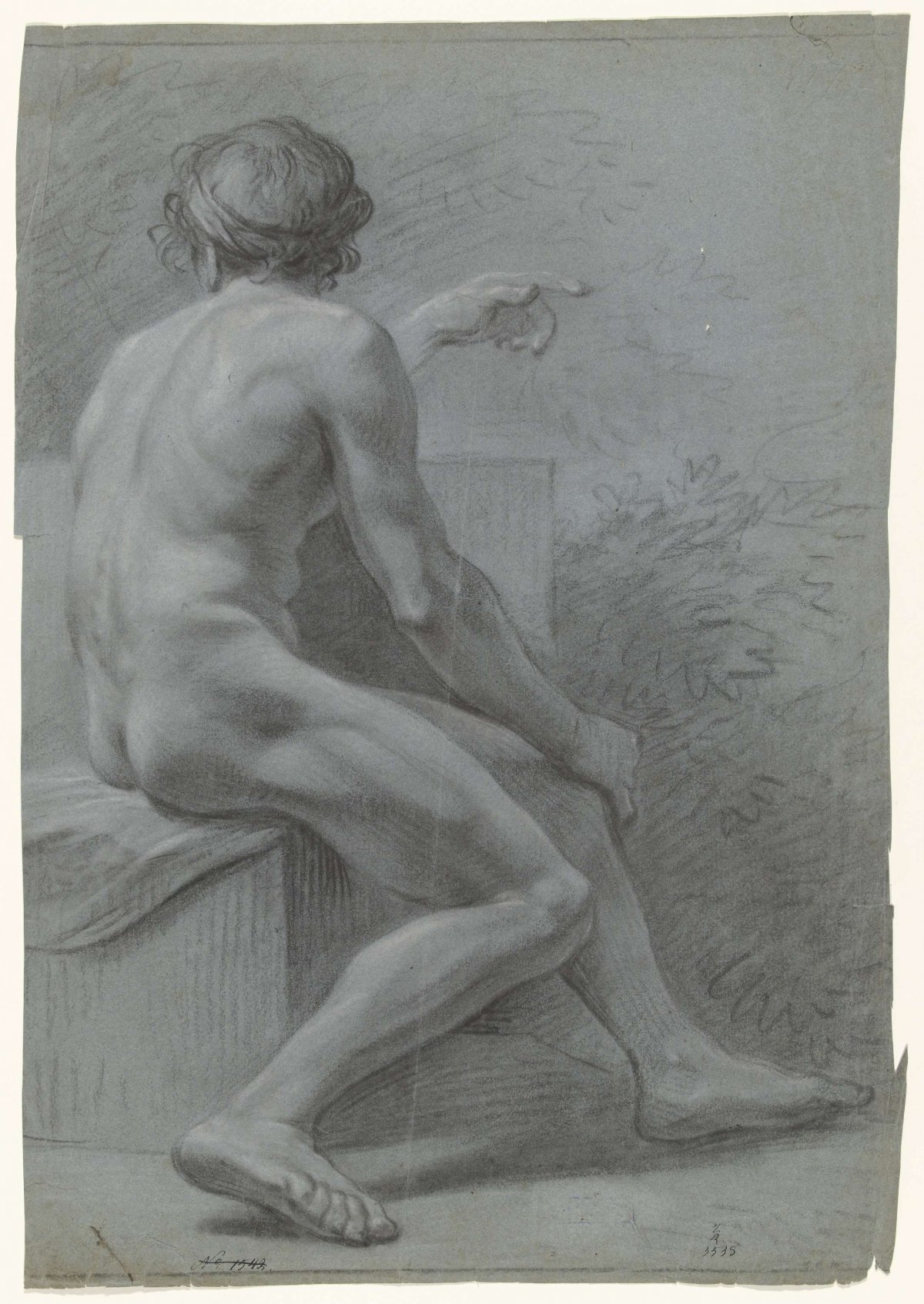 Seated male nude, facing right, seen from the back, anonymous, 1700 - 1800
