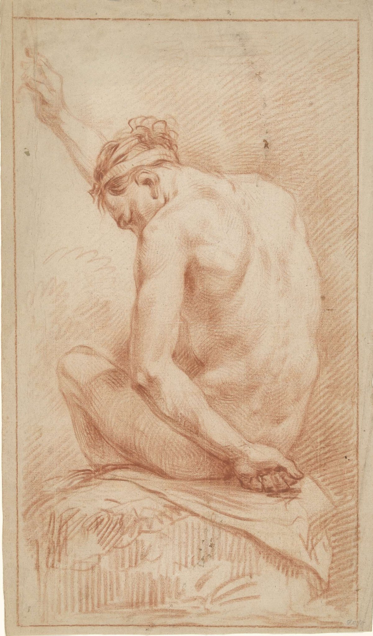 Seated male nude, slightly to the left, viewed from the back, anonymous, 1700 - 1800