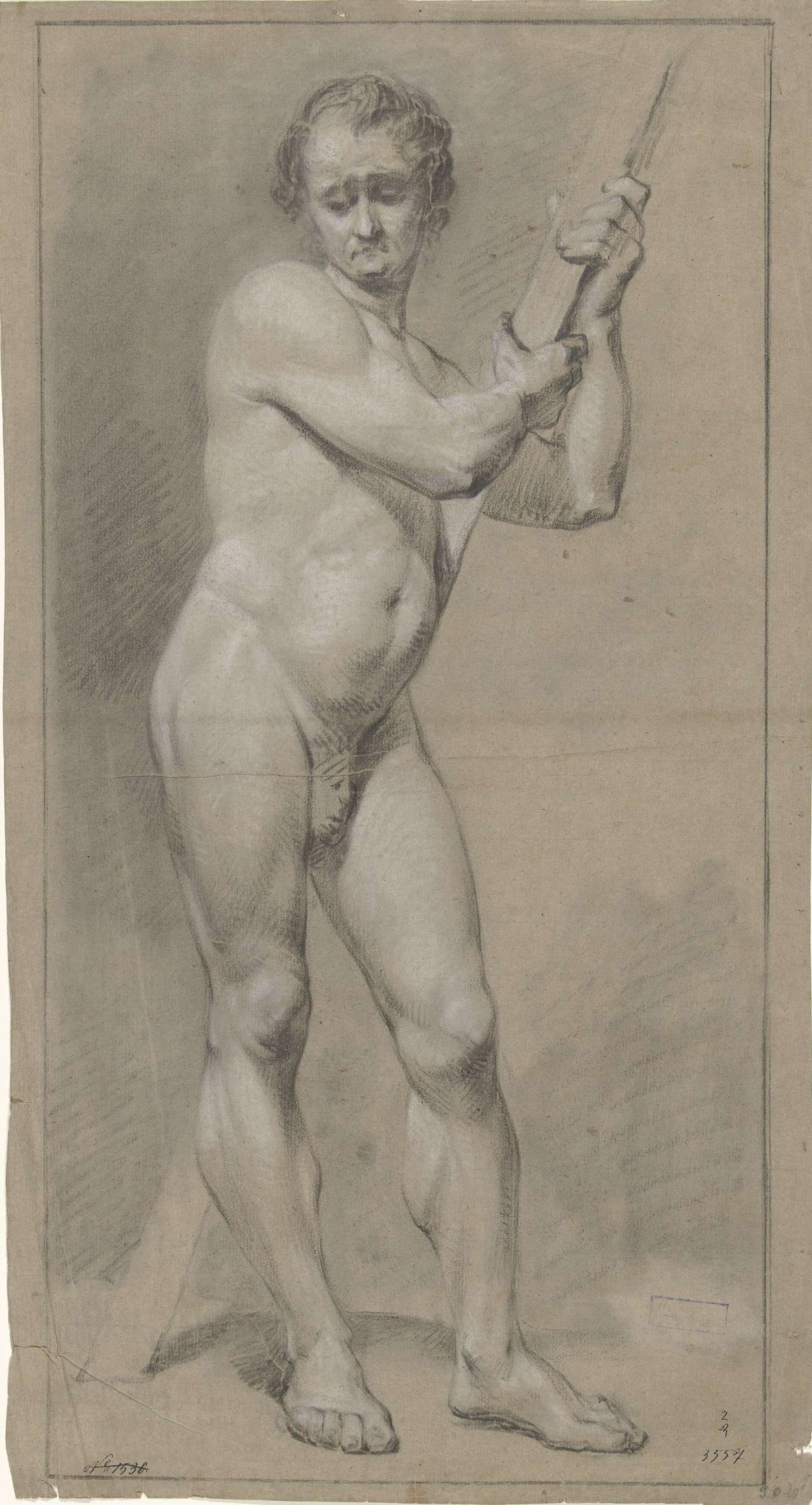 Standing male nude, looking down, hands on a wooden beam, anonymous, 1700 - 1800