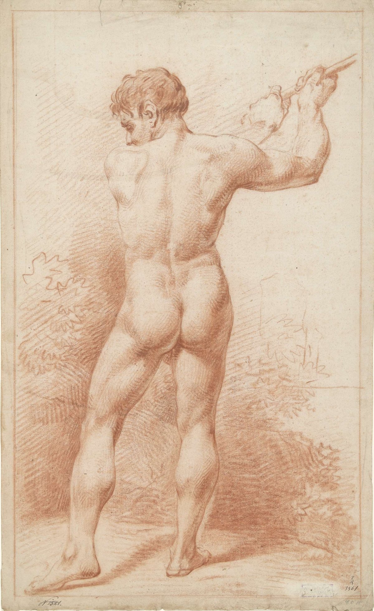 Standing male nude, swinging an axe, seen from behind, anonymous, 1700 - 1800