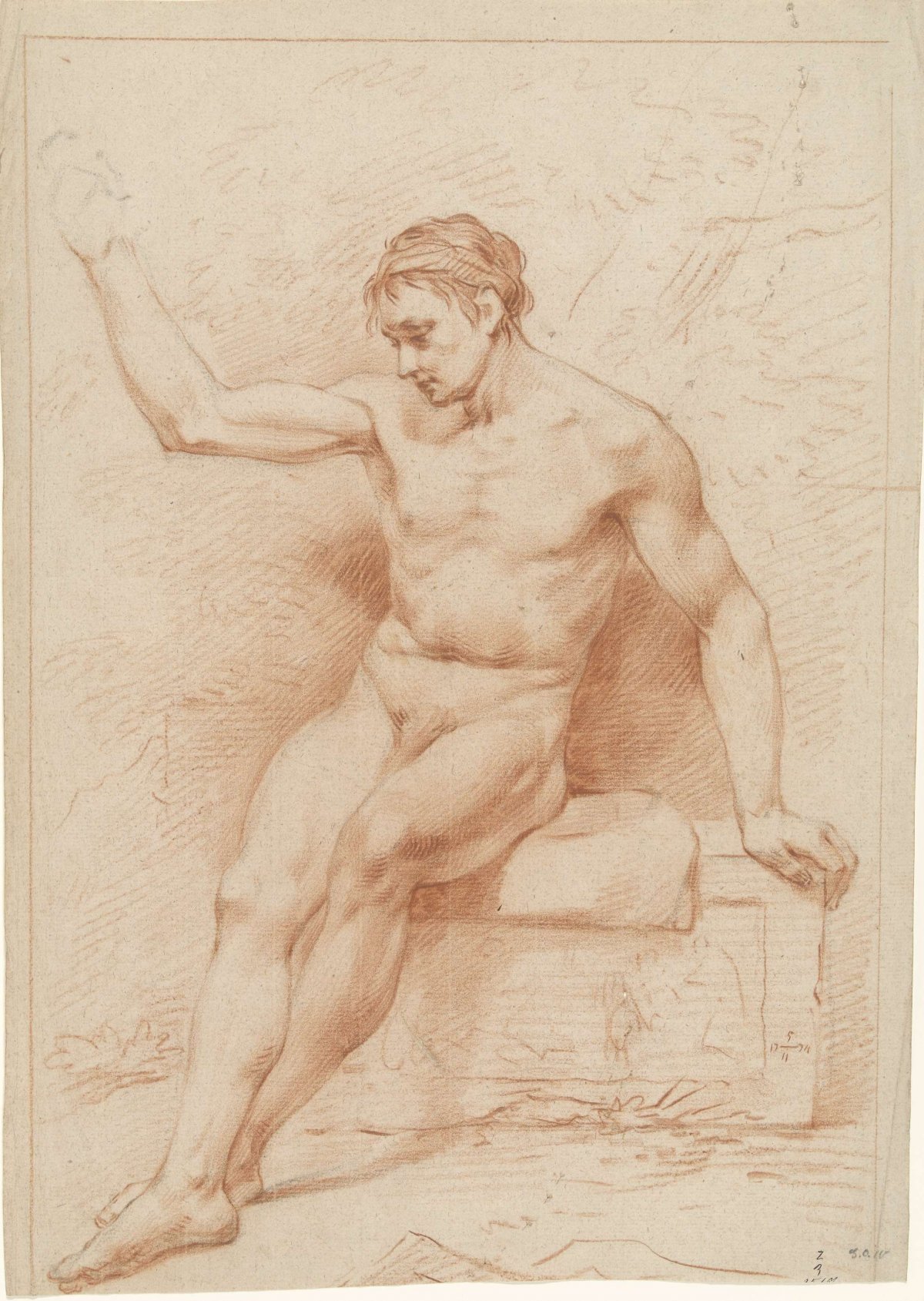 Seated male nude, head to left, right arm raised, anonymous, 1774
