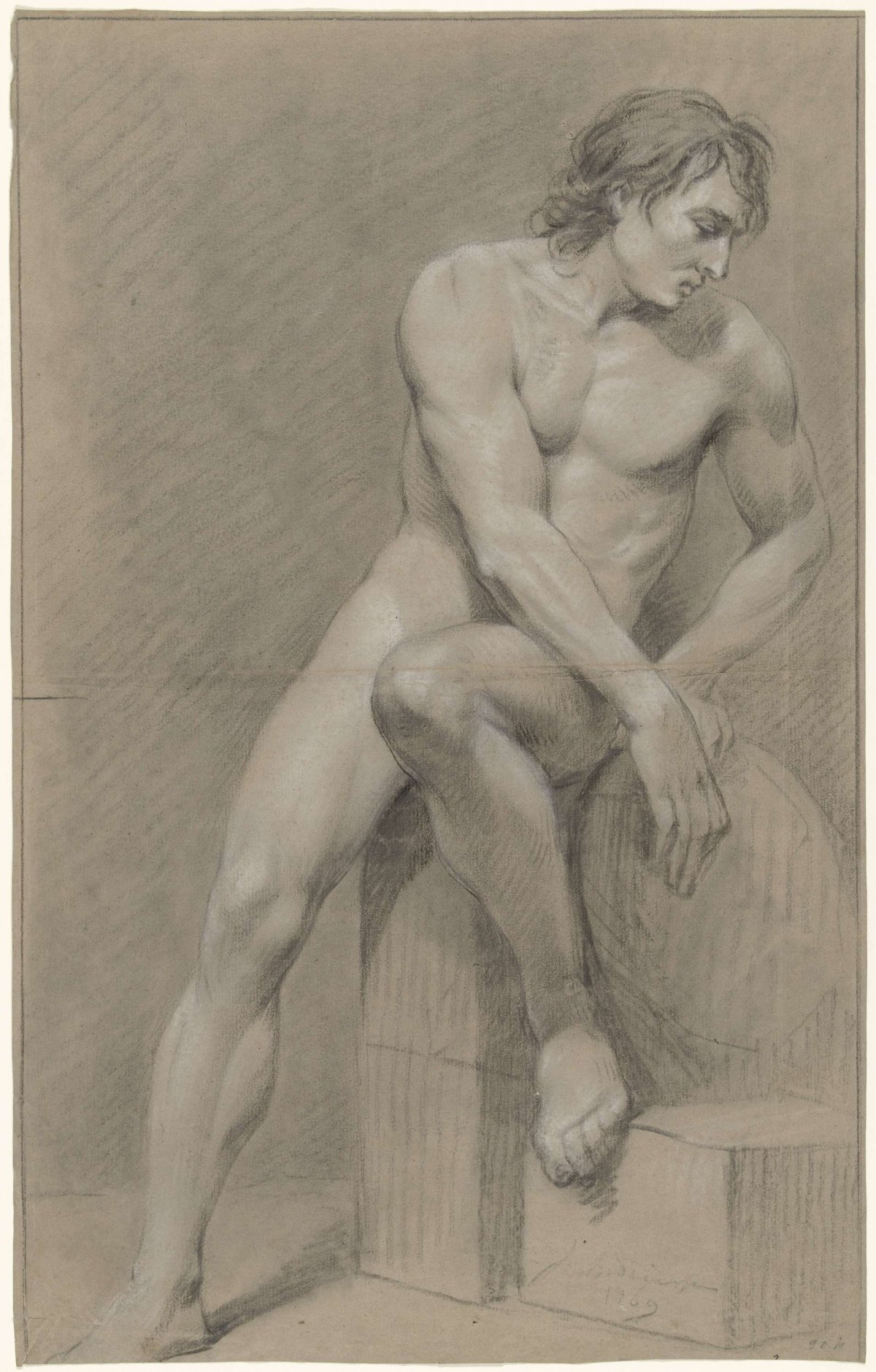 Seated male nude, turned to the right, the left foot on a block, Jurriaan Andriessen, 1769