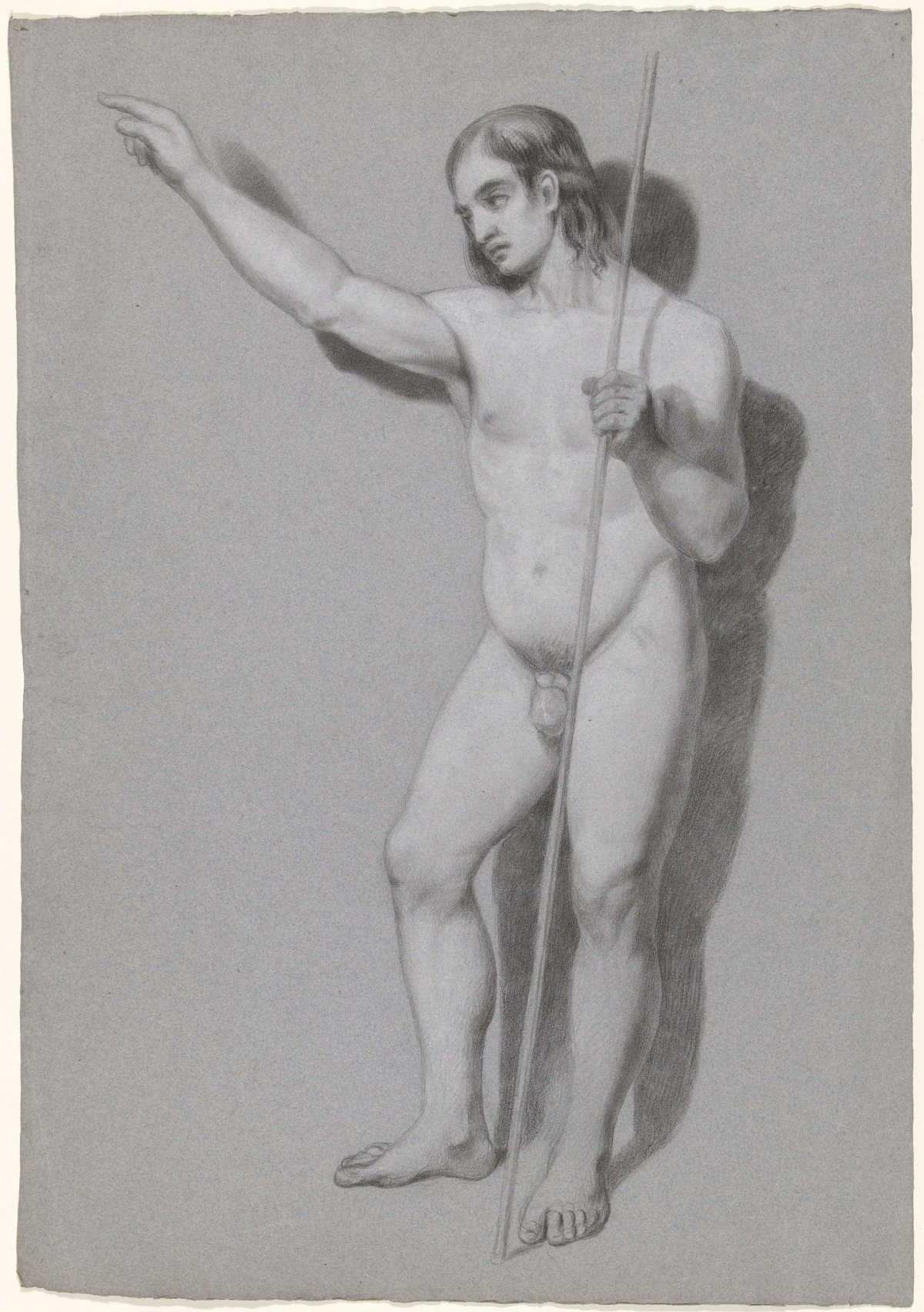 Standing male nude with staff and raised right arm, anonymous, 1700 - 1800