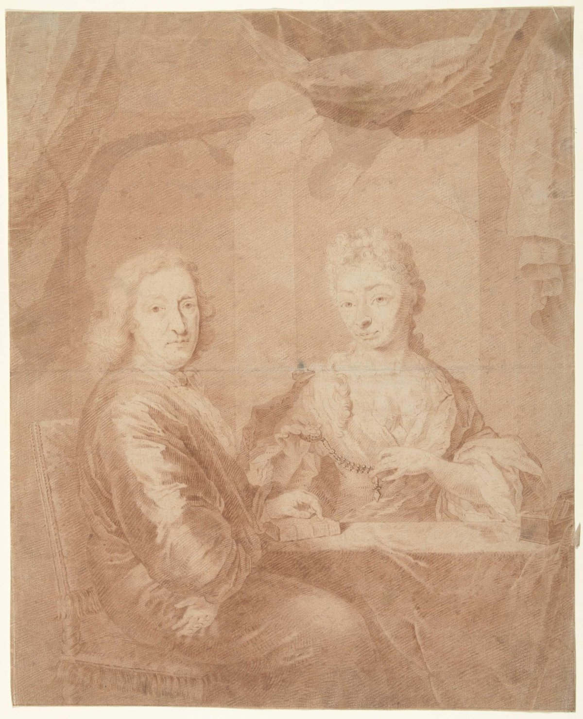 Portrait of a man and woman at a table, anonymous, 1700 - 1800