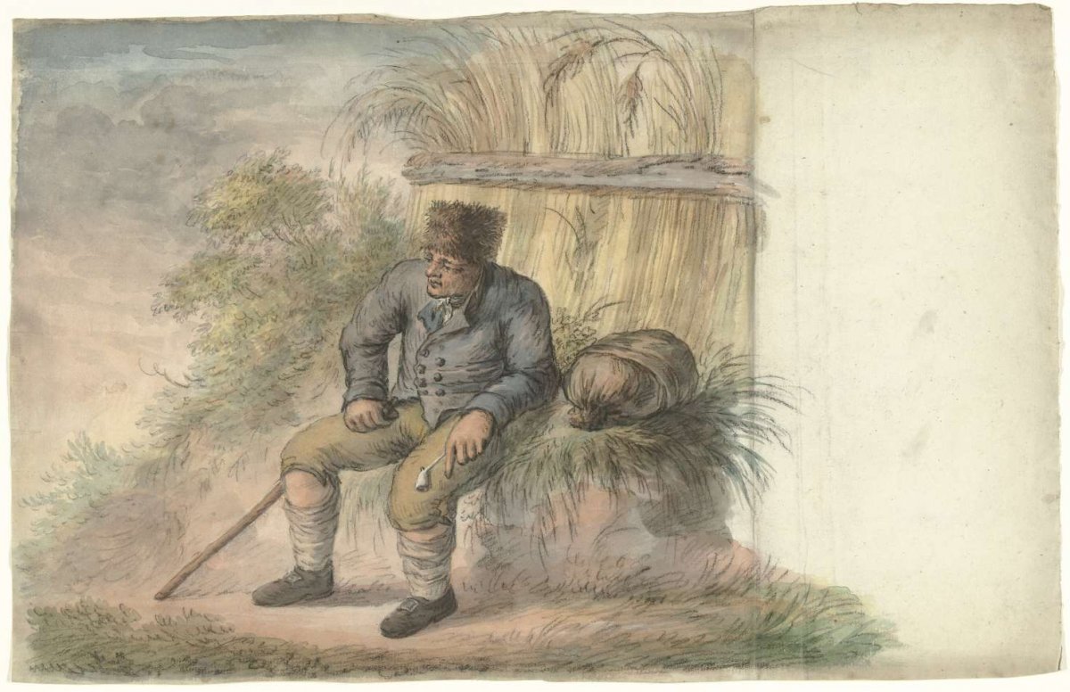 Seated man with pipe by the roadside, anonymous, 1700 - 1800