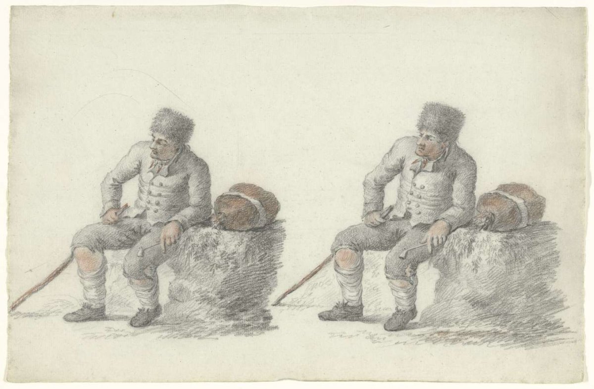 Two studies of a seated man by the roadside, anonymous, 1700 - 1800