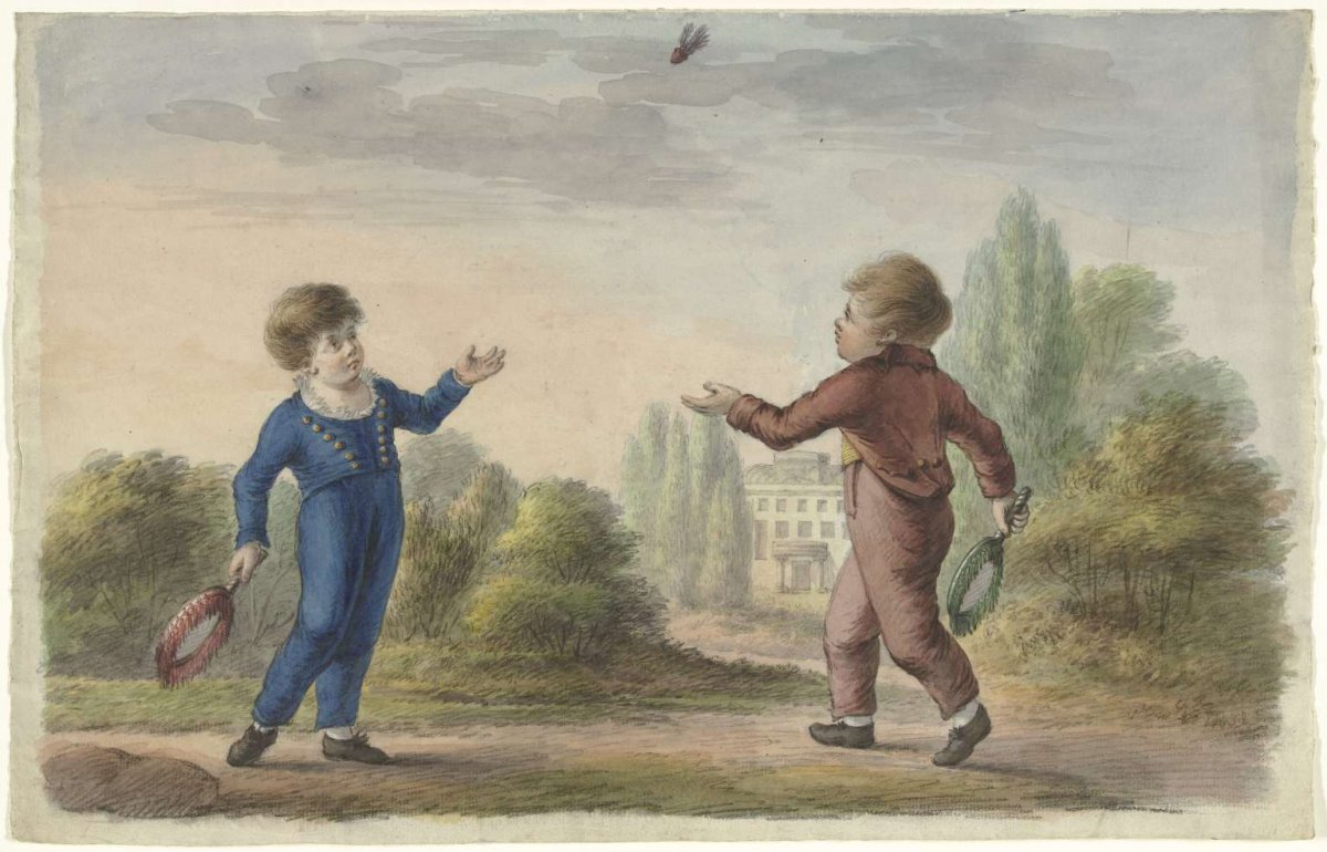 Two boys playing badminton, anonymous, 1700 - 1800