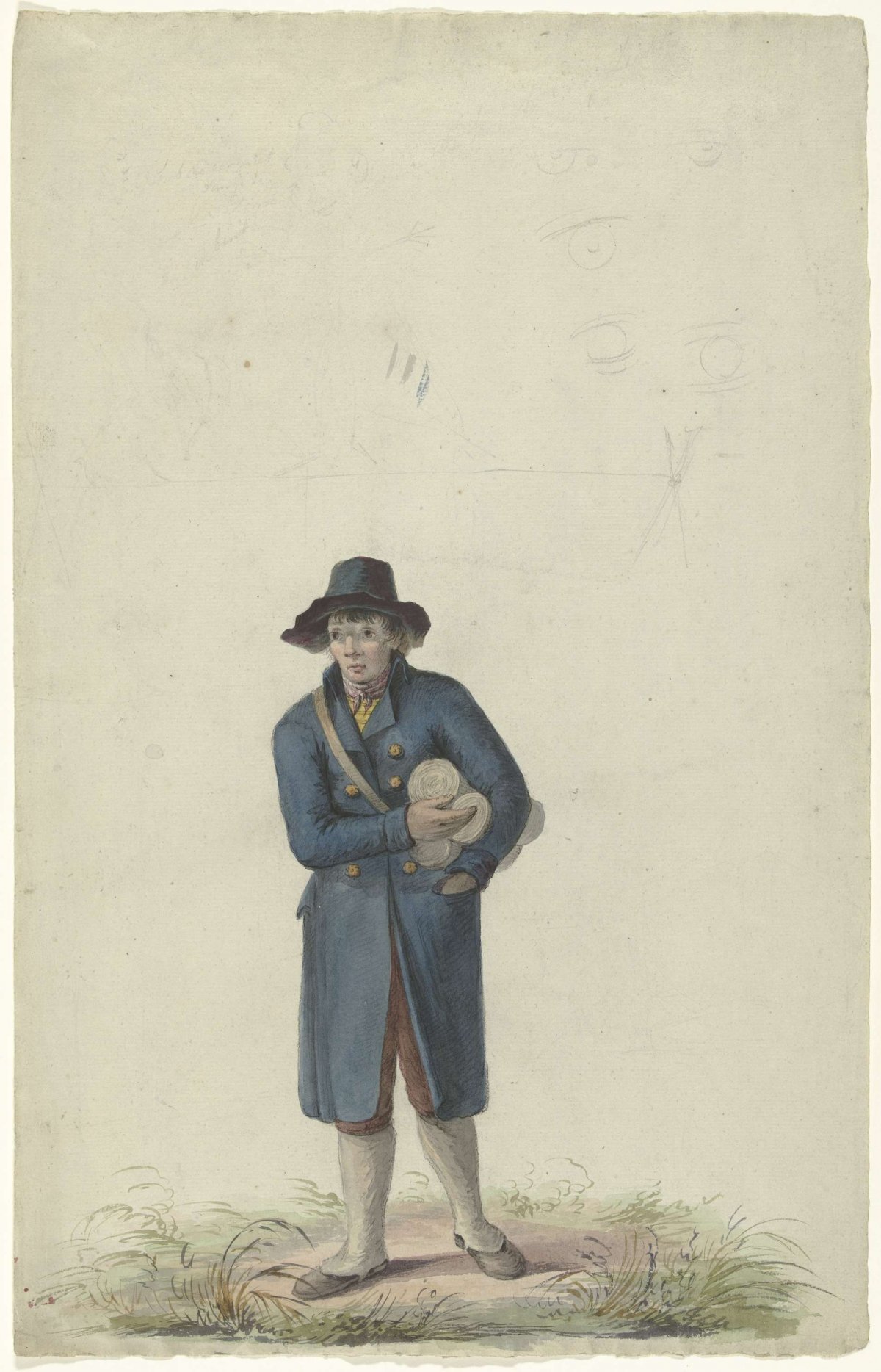 Standing man with three scrolls under arm, anonymous, 1700 - 1800