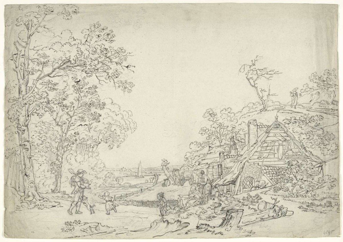 Landscape with family in front of farmhouse, anonymous, 1700 - 1800