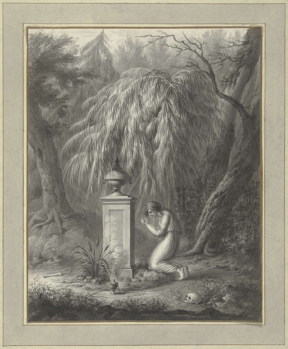 Woman kneeling in front of a grave monument, anonymous, 1700 - 1800