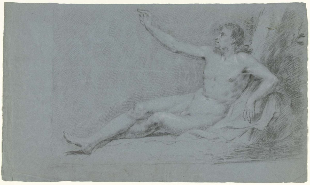 Reclining male nude, right arm raised, anonymous, 1700 - 1800